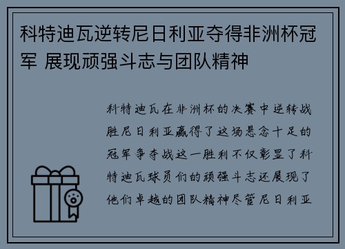 科特迪瓦逆转尼日利亚夺得非洲杯冠军 展现顽强斗志与团队精神